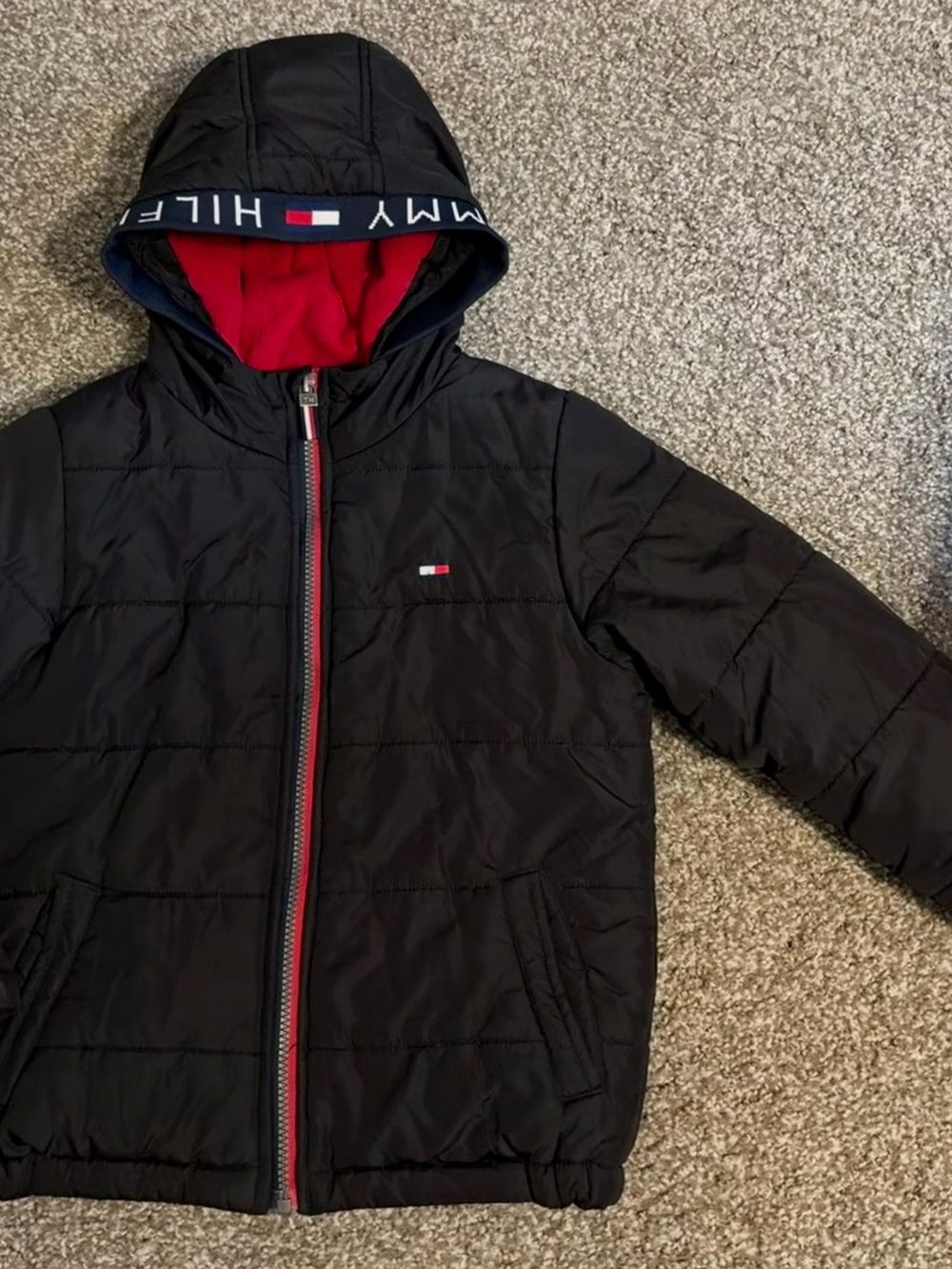 Tommy Hilfiger Black Puffer Jacket with Red Lining